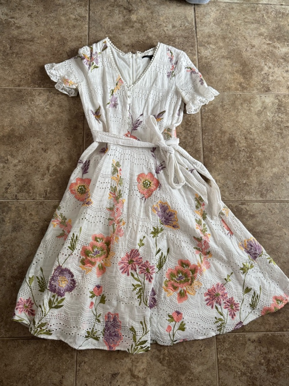 O Alex Marie White Eyelet Midi Dress with Pink, Purple & Green Floral Embroidery